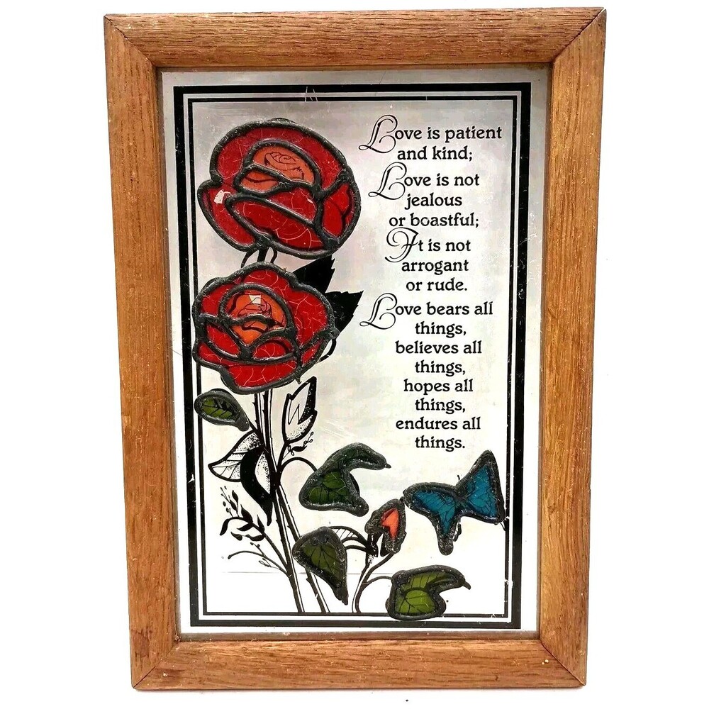 Vintage framed glass stained glass Quote Love Is Size 10"x7"
